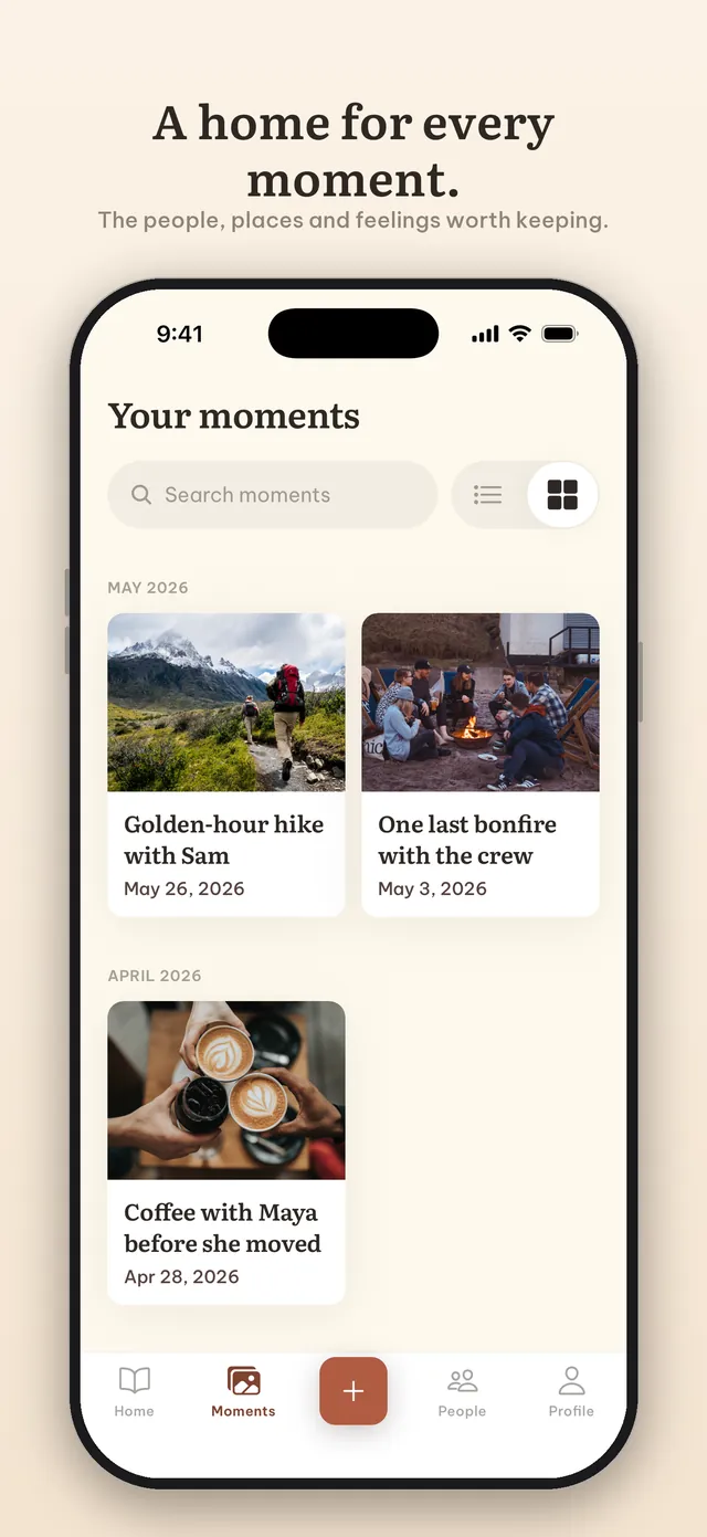 The Moments home screen: a warm timeline of saved moments, grouped by month.